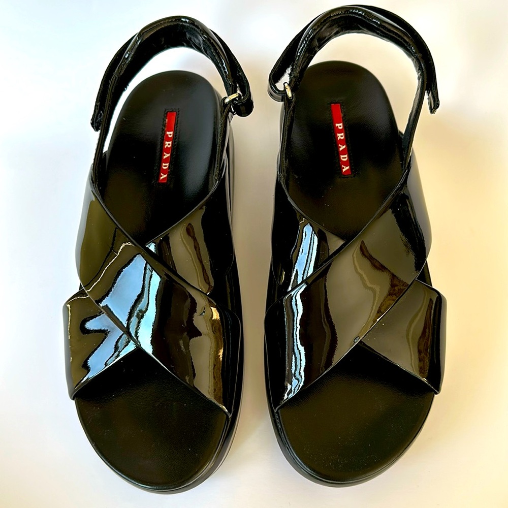 Prada Linea Rossa Black Patent Leather Crisscross Sandals
